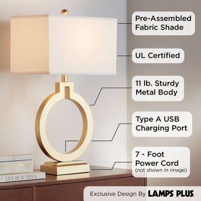 Gold Open Ring Table Lamps with USB Ports and White Shades, Set of 2