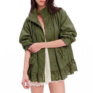 Imily Bela Women Stand Collar Button Front Jacket With Lace Hem
