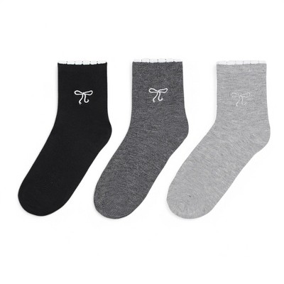 Alilang Women's 3-Pack Soft Knit Ankle Socks with Scalloped Trim and Embroidered Bow Detail