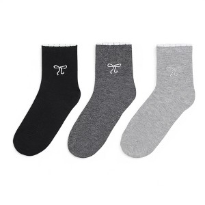 Alilang Women's 3-Pack Soft Knit Ankle Socks with Scalloped Trim and Embroidered Bow Detail - 1 of 4