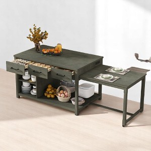 Extendable Kitchen Island with Hidden Pull-Out Counter,  Outlets, USB Ports, Drawers, Open Shelves, Retro Wood Kitchen Cart for Meal Prep, Dining Room - 1 of 4