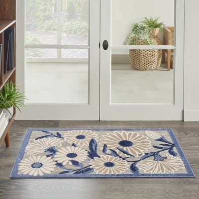 Aloha Daisy Flower Blue/Grey Floral Flatwoven Rug 2'8" x 4'