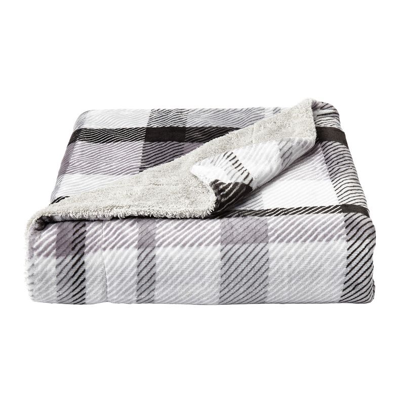 Blanket Throw - Oversized Plush Woven Polyester Faux Shearling Fleece Plaid Throw - Breathable by Hastings Home (Phantom), 1 of 9