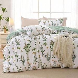Queen Size Reversible Floral Duvet Cover Set with Zipper, 3 Pieces Botanical Microfiber Bedding with 4 Ties - 1 of 3