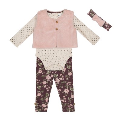 Nicole Miller Infant Girls 4 Piece Faux Fur Vest Set