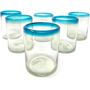 Dos Sueños Mexican Hand Blown  Tumblers - Aqua Rim - 10oz - Set of 6 - 1 of 4