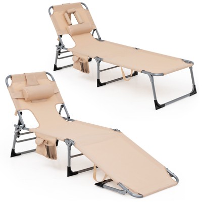 Tangkula 2PCS Beach Lounge Chair Reclining Chair with 5 Adjustable Positions Detachable Pillow &Hand Ropes Blue/Black/Gray/Turquoise/Beige/Pink