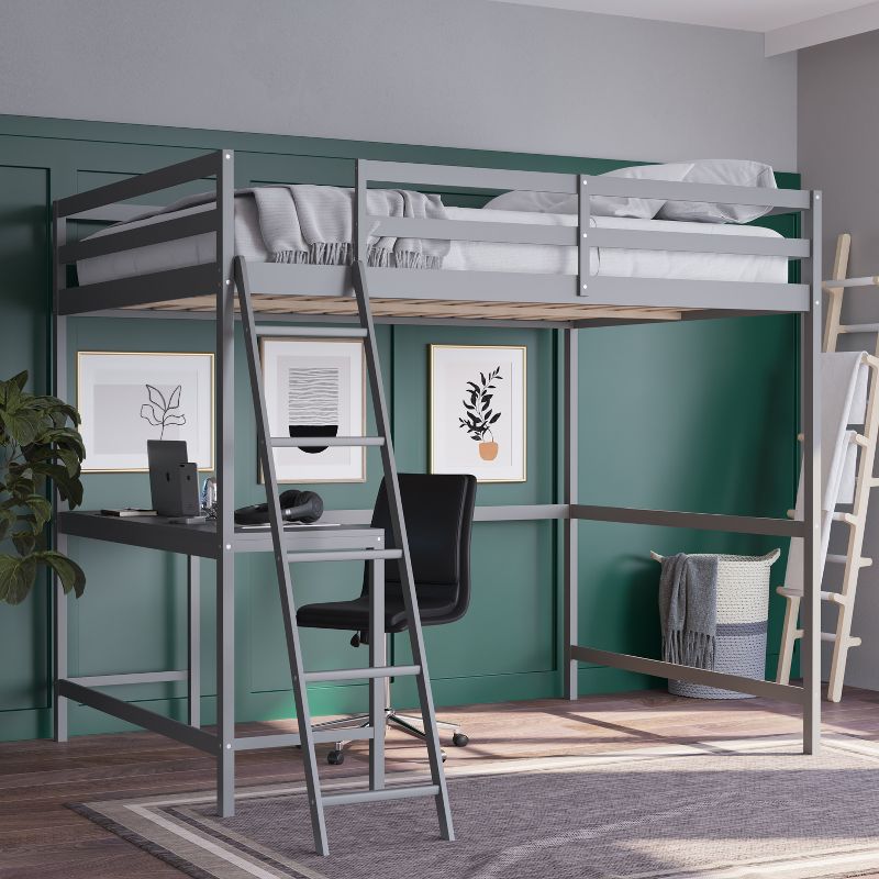 Emma and Oliver Twin Wood Loft Bed Frame with Protective Guardrails and Integrated Desk and Ladder for Use with Any 6-8" Thick Mattress, 2 of 12