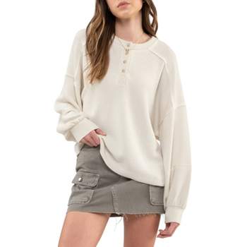 August Sky Women's Relaxed Rib Knit Henley Top