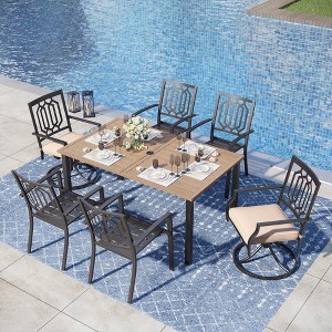 Captiva Designs 7pc Patio Wood-look Slatted Top Steel Table with Umbrella Hole & Metal Armrest Chairs - 1 of 4