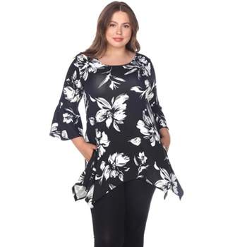 Women's Plus Size Floral Printed Blanche Tunic Top with Pockets - White Mark