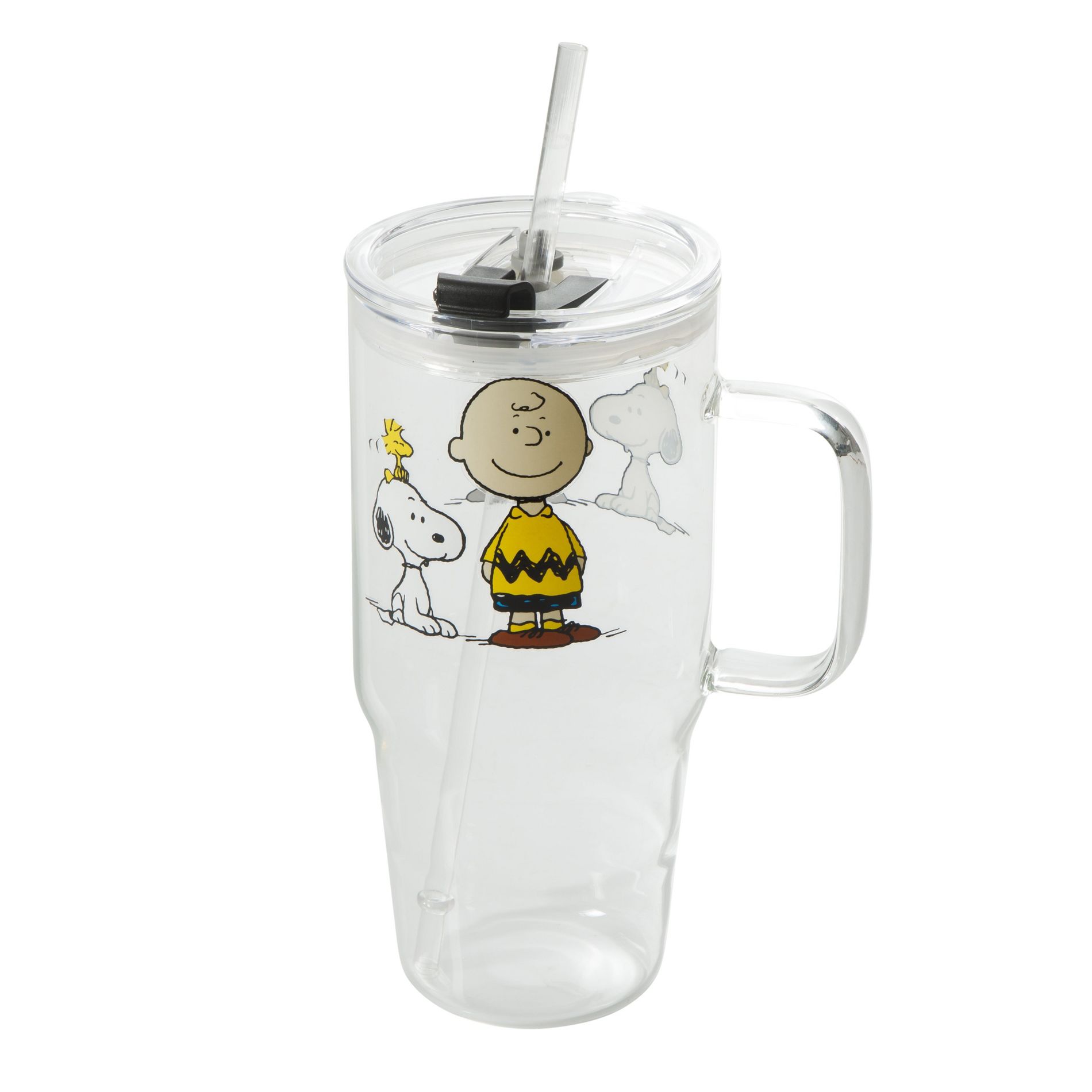 Peanuts Snoopy Glass Cups with Lids and Straws, 40 Oz Tumbler with Handle and Straw Glass Water Bottles Drinking Glasses with Straws