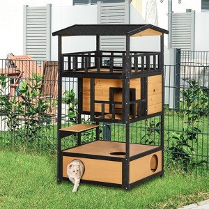 PawHut Wooden Outdoor Cat House, Weatherproof Feral Cat Shelter with Asphalt Roof, Escape Door & Jumping Platform, Yellow - Nertpow - 1 of 4