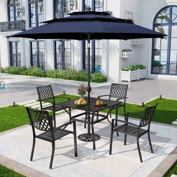 5pc Patio Set with 37" Square Metal Gridded Table with Umbrella Hole & Arm Chairs - Captiva Designs