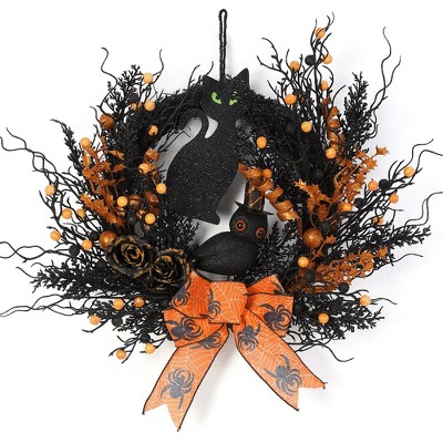 22 inch Artificial Halloween Wreath for Front Door, Black Orange Fall Wreath with Black Cat Owl Rose