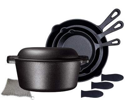 Bruntmor 7-Piece Black Pre-Seasoned Cast Iron Kitchen Utensil Set | Pots,  Pans, Skillets, Grill, Wok, Chainmail, Dutch Oven & More