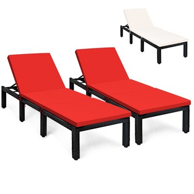 Tangkula 2PCS Patio Lounge Chair Rattan Chaise w/ Adjustable Navy/Red & Off White Cushioned