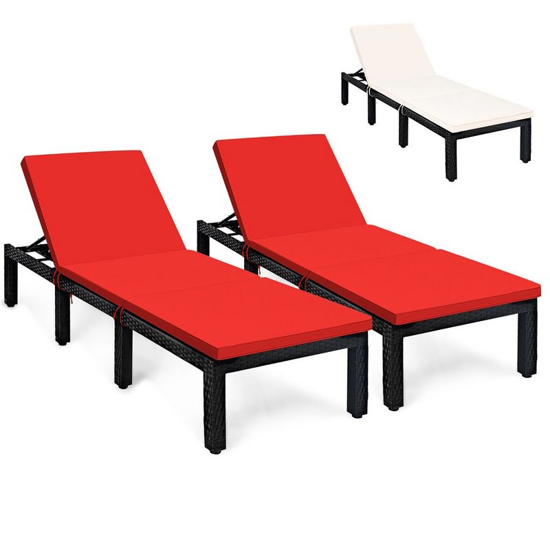 Tangkula 2PCS Patio Lounge Chair Rattan Chaise w/ Adjustable Navy/Red & Off White Cushioned, 1 of 8