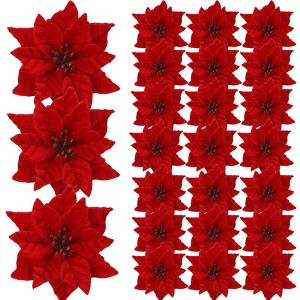 Orieon 24PCS Velvet Poinsettia Flowers with Glitter, 6.3" Artificial Christmas Blooms for Wreaths, Centerpieces & Holiday Decor - 1 of 4