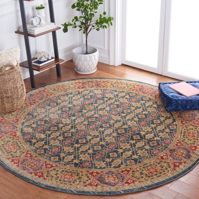 Light Blue and Red Round Synthetic Area Rug