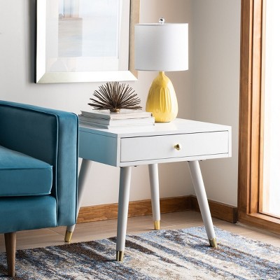 White and Gold Rectangular Wood End Table with Storage