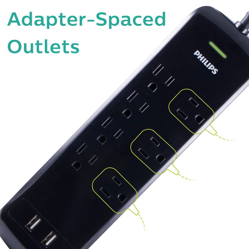 Philips 7-Outlet 2 USB Port Surge Protector with 4ft Extension Cord, Black, 4 of 13