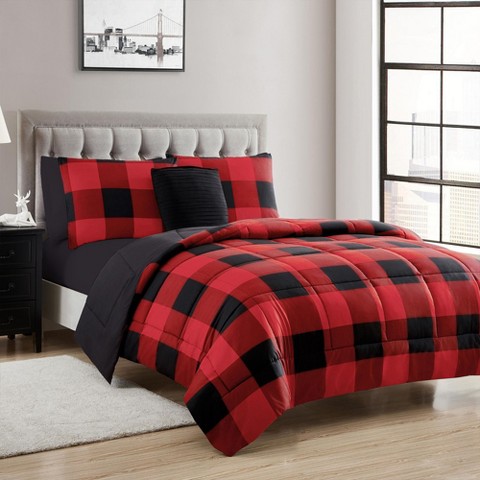 Sweet Home Collections 8 Piece Buffalo Plaid Bed In A Bag Comforter And Sheet Set By Sweet Home Collection® - King - Black/Red