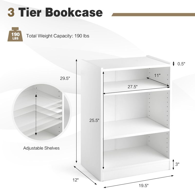 Tangkula 3-Tier Bookcase Open Bookshelf Cube Storage Organizer Floor Standing Display Bookcase with Adjustable Shelves Rustic Brown/Black/White, 4 of 11