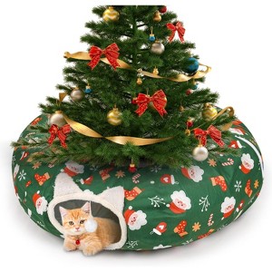 Cat Tunnel Christmas Tree Skirt - to Keep Cats Away from Xmas Tree, Washable Mat with Balls, Green Holiday Pet Toy - 1 of 4