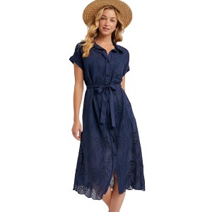 Knit & Lounge Women’s Embroidered Eyelet Shirt Dress Removable Waist Tie Short Sleeves Button Front Midi Scallop Hem - 1 of 4