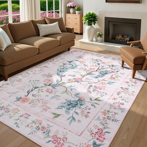 Washable Area Rug Floral Peacock Print Rug Soft Non Slip Low Pile Accent Rugs for Living Room Bedroom - 1 of 4