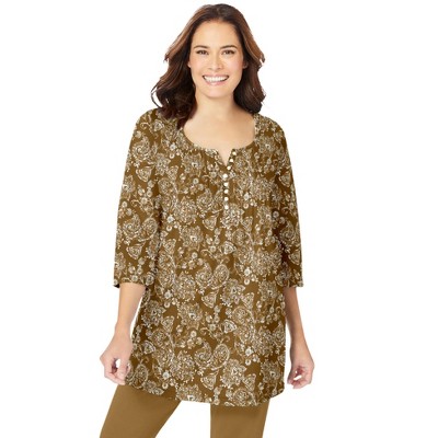 Woman Within Plus Size 7-Day Three-Quarter Sleeve Pintucked Henley Tunic