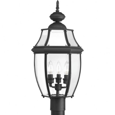 Progress Lighting, New Haven Collection, 3-Light Outdoor Post Lantern, Black Finish, Clear Beveled Glass