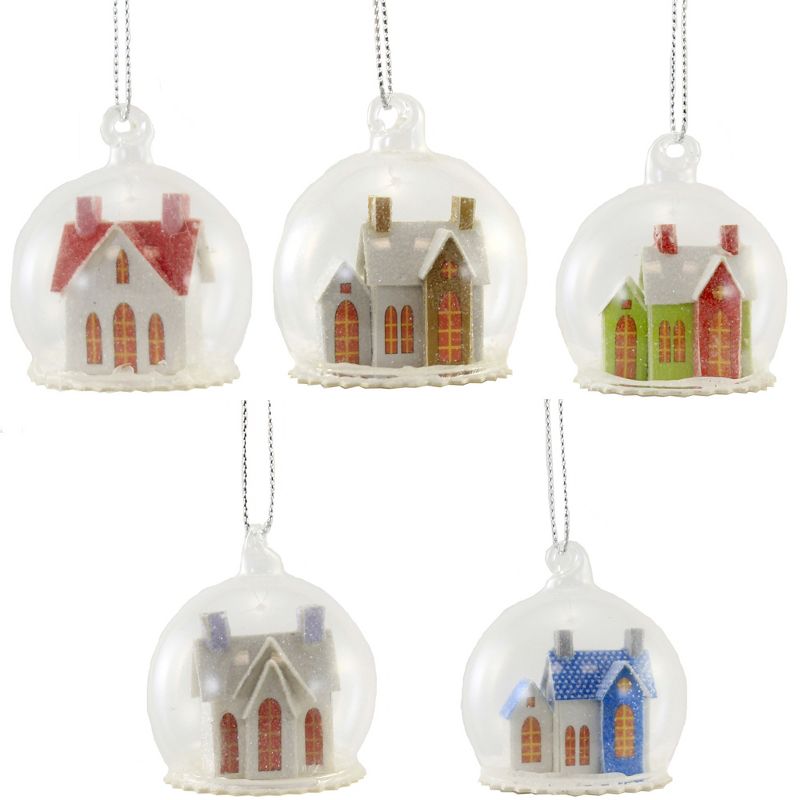 Cody Foster 2.0 Inch Frosty Abobe Globe Set/5 Mini Putz Paper House Tree Ornaments, 1 of 7
