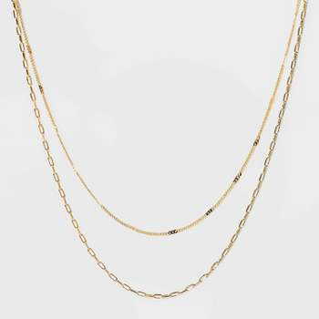 14K Gold Plated Flat Beaded and Link Chain Duo Necklace - A New Day™ Gold