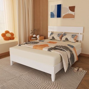 Karl Home Solid Wood Platform Bed Frame , Twin Bed Frame with Headboard Included, Mid Century Modern Bed, White - 1 of 4
