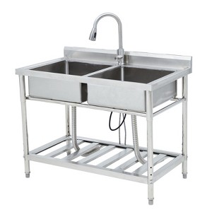 Stainless Steel Kitchen Sink, Drop-in Utility Sink Free Standing Double Bowl with Faucet, Cold and Hot Water Pipe for Restaurant Kitchen - 1 of 4