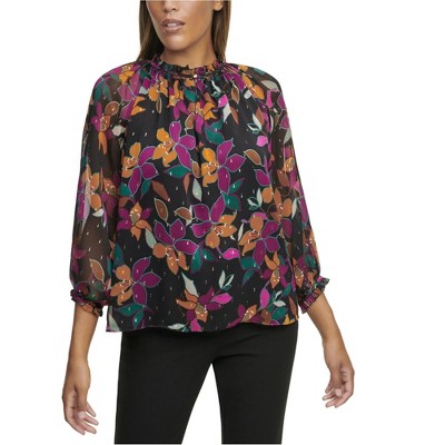 Calvin Klein Womens Clip-Dot Ruffle Neck Floral Pullover Blouse