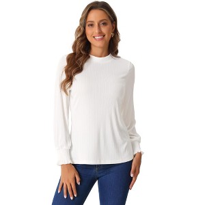 Allegra K Women's Mock Neck Ribbed Knit Smocked Ruffle Cuff Lantern Long Sleeve Top - 1 of 4
