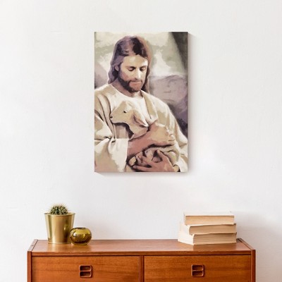 Jesus Holding Lamb Religious Canvas Wall Art 12" x 18"