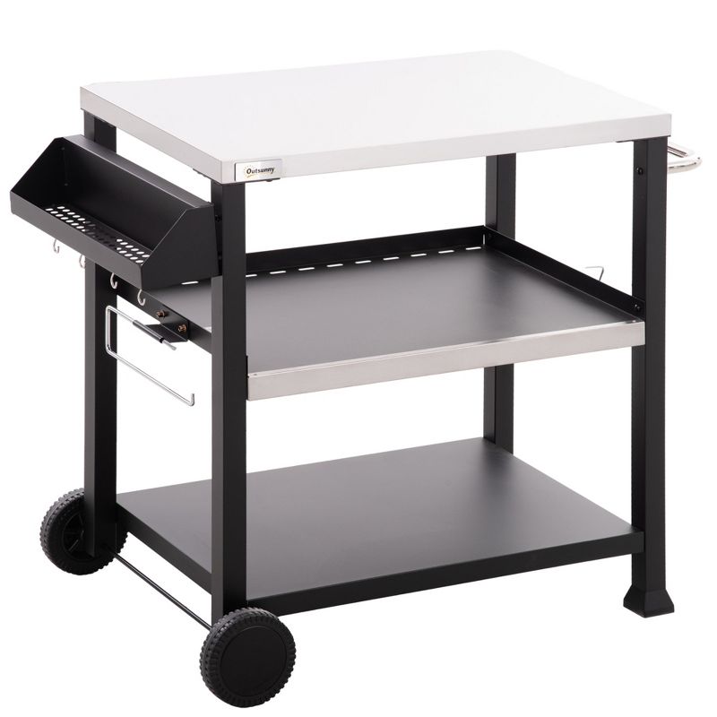 Outsunny Three-Shelf Outdoor Grill Cart with Stainless Steel Tabletop, 32" x 20.5" Multifunctional Pizza Oven Stand, Movable Food Prep Table on Wheels, 4 of 7