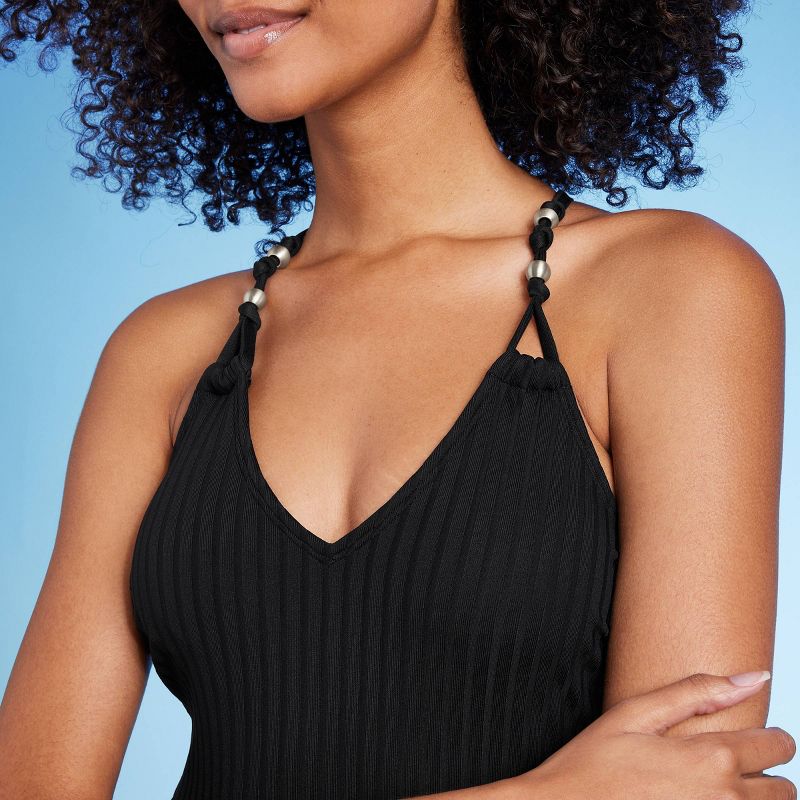 Women's Ribbed Bead Knot Detail One Piece Swimsuit - Shade & Shore™ Black, 4 of 7