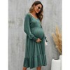 Coolmee Women Casual Smocked V Neck Lantern Long Sleeve Flowy Ruffled Maternity Midi Dress For Baby Shower Photoshoot - 2 of 4