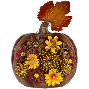 Northlight 8" Lighted Solar Powered Floral Fall Harvest Pumpkin Outdoor Decoration - 1 of 4