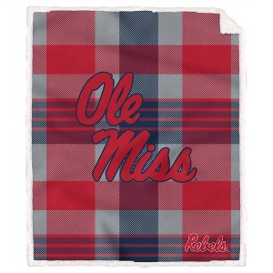NCAA Ole Miss Rebels Plaid Steel Royal Plush Faux Shearling Blanket - 1 of 2