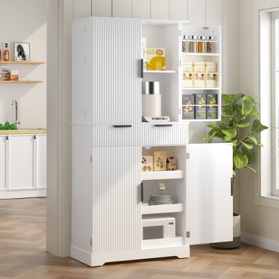 72" Tall Kitchen Pantry Cabinet with Keyboard Drawers, Large Drawer, Door Racks, Fluted Freestanding Storage Organizer for Dining Room-Maison Boucle