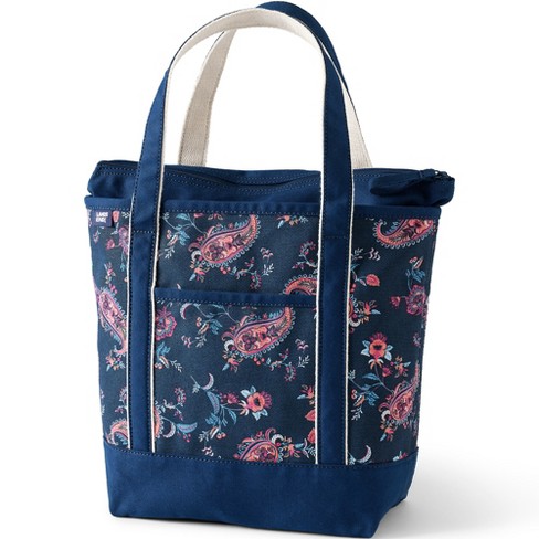 Lands' End Large Print 5 Pocket Open Top Long Handle Canvas Tote Bag - -  Deep Sea Navy Classic Floral