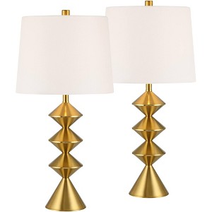 360 Lighting Stacked Diamonds 24" High Small Mid Century Modern Table Lamps Set of 2 Gold Finish Metal White Shade Living Room Bedroom Bedside - 1 of 4