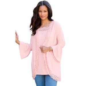 Roaman's Women's Plus Size Lace-Detailed Cardigan And Tank Set - 1 of 4