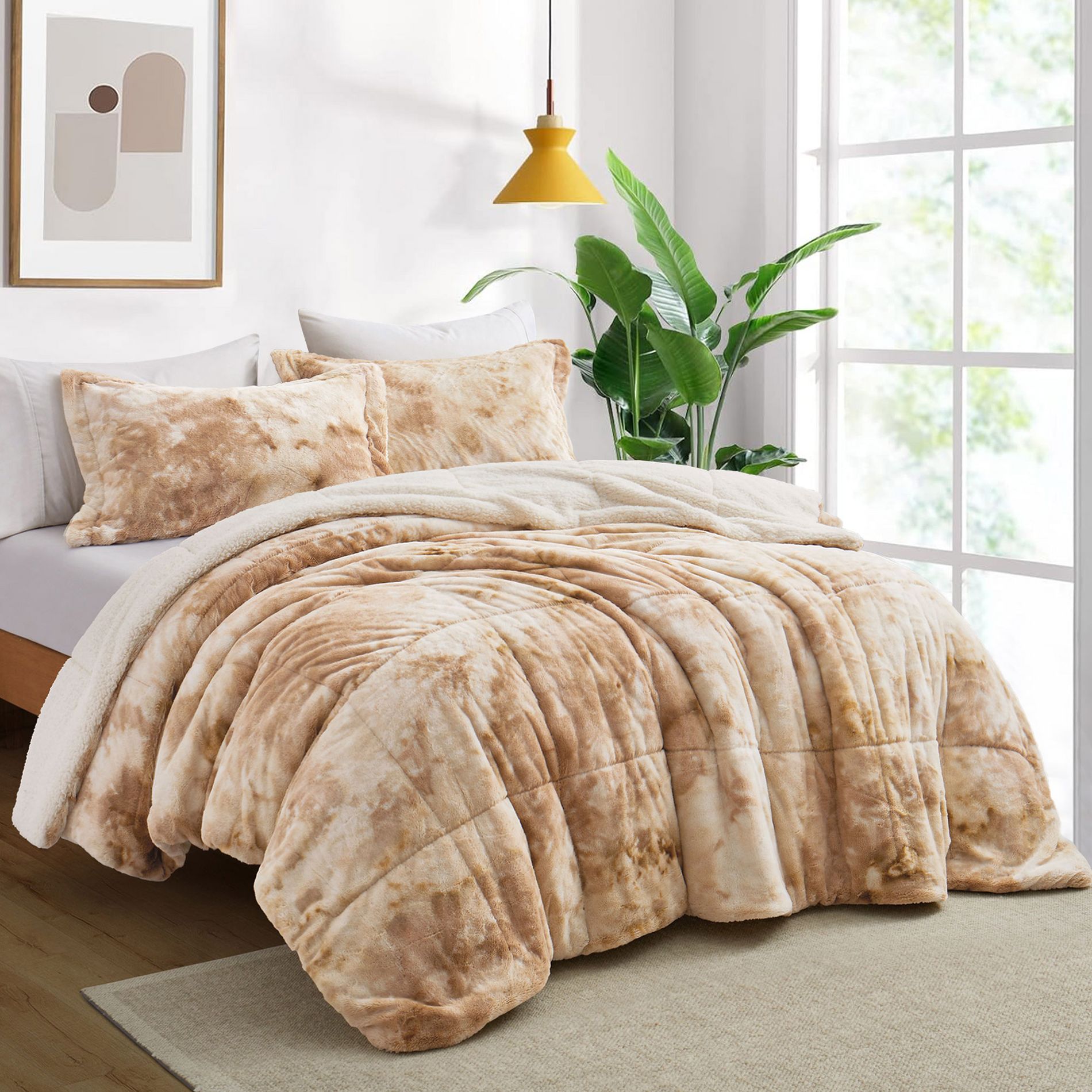 Peace Nest Dual-Side Fluffy Faux Rabbit Fur Comforter Set, Plush Fuzzy Bedding Set
